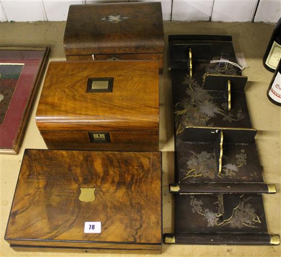 Three Victorian boxes, various & pair lacquered folding wall shelves